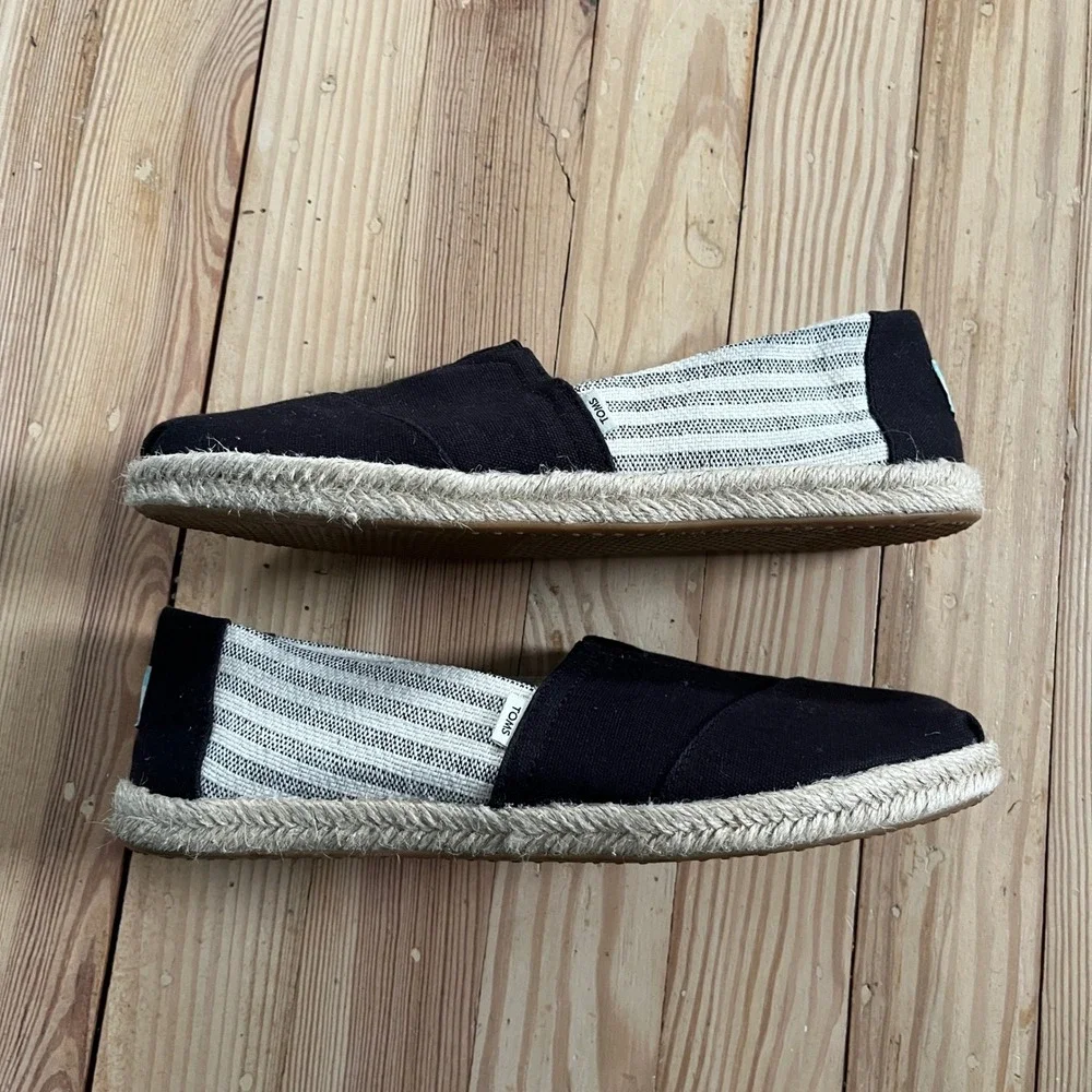 Toms Earthwise Alpargata Espadrille Black Striped Canvas Slip On Flats Women 8.5